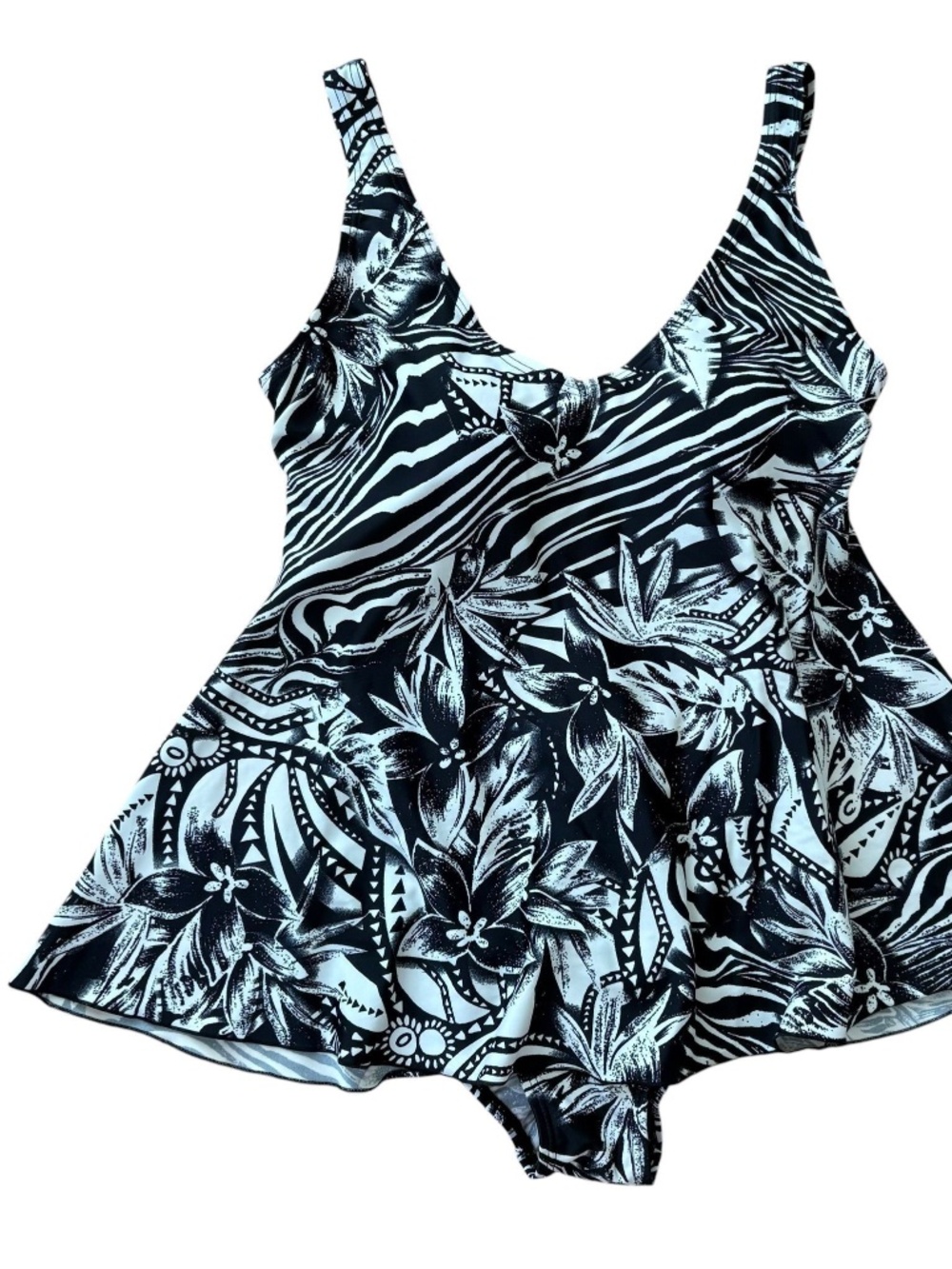 Vintage One Piece Bathing Suit Black White Tropical Floral